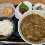 四ツ木製麺所 - 銀座カレー ミニライス
            トッピングムキ海老かき揚げ、タタキ梅