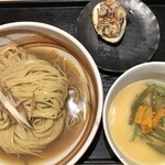 麺屋一燈 - はまぐり蕎麦とジャガイモのブランマンジェ風 ウニとジュンサイのゼリー載せ