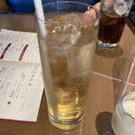 ブッフェアンドカフェ スロープサイドダイナー ザクロ - 手前がのんバック、奥がともコーラ。のんバックジンジャーが効いているジンジャーエールみたいで美味しかった。