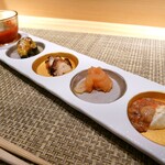 Gotanda Sushi Matsumoto - 前菜は
                        トマトのすり流し・茄子田楽・蛸の柔らか煮
                        イカ明太・クリームチーズと蛸のすり流し