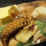 烏賊のタレ焼き、タイラギ貝塩焼き、玉子