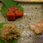 鮨 いとう - 鯵なめろう、大間鮪の中トロづけ、才巻海老生け昆布〆。