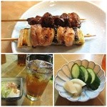 鳥政 - レバー￥120・ねぎま￥120・お通しとウーロンハイ・サービスのお新香