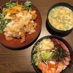OKIBI AIBE - OKIBIセット 選べる ミニマグロサーモン丼、おろしチキンカツ 味噌汁付