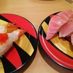 Kappasushi - 天然エビ三昧　甘海老　ボタンエビ　ブラウンエビとび子乗せ　大トロ　炭焼きマグロ