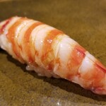 鮨匠 のむら - (18)車海老(鹿児島県笠沙産)(茹で立て)
      産卵期は初夏～初秋、旬は初夏～初秋
      アツアツの茹で海老、車海老らしい濃厚な味を温かい茹で立てと温かいシャリで握って下さいます
      旨みと甘さが際立ちます