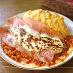 Meat Omelette Rice with grilled bacon and cheese