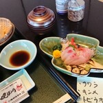 福松荘 - 朝から刺し盛り♪さわら、金目鯛、飛び魚♪やはりさわら、、金目鯛絶品♪