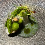 ラ・ヴァガボンド - 真名鰹～岡山県産真魚鰹　コンテチーズの泡　ツルムラサキ　稲沢の新銀杏