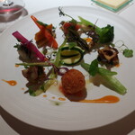 レストラン・マッカリーナ - アントレ（フォアグラのテリーヌ、ヒラメのミ・キュイ、アワビのソテー、カニのクロケット）