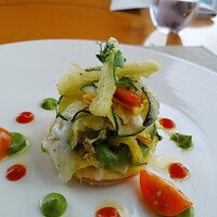 イタリアンダイニング ケシキ - ⚫【メイン②】「プロヴォローネチーズのパイ  花ズッキーニのフリット」