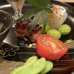 茜坂大沼 - ミニトマトの甘酢漬けと蛸柔煮、だだちゃ豆の塩ゆで