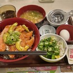 すき家 - アボカドユッケサーモン丼(期間限定)特盛+とん汁オクラサラダセット