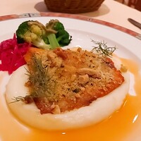 エリオ・ロカンダ・イタリアーナ - ⚫メインディッシュ「サーモンアーモンド香草焼き　ブラッドオレンジのソース」