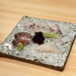 Ginza Mizuno - カマス焼き霜造り 白烏賊 真鯛のお造り