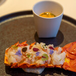 レストラン オオツ - 2021.9 地物活き伊勢海老をサッと炒めて海老味噌マヨネーズで 伊勢海老のクリアなビスク