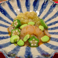 賛否両論 - 甘海老、焼き茄子、オクラ、枝豆の和え物
