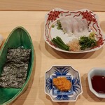 はらまさ - 平目のお刺身はセルフ海苔巻きであん肝乗せ