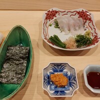 はらまさ - 平目のお刺身はセルフ海苔巻きであん肝乗せ
