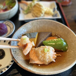 天川茶寮 柿千 - 秋鮭とお野菜の餡掛け炊き合わせ