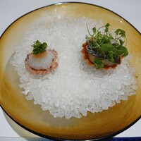 なかがわ - イカ明太(下はせんべい)イワシのキッシュ、マッシュポテトとミニセロリ、じゃばらの香り