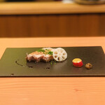 日本料理 たかむら - 7.  焼豚、蓮根甘酢漬け、薩摩芋蜜煮、青南蛮味噌添え