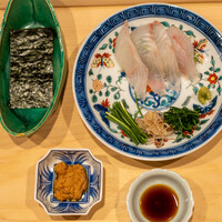 はらまさ - 2021.9 鮃のお刺身 アンキモ 焼き海苔 薬味 野菜