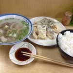 天ぷら ますい - ご飯の大とホルモン汁の大と天ぷら5品(血肝、千枚、白肉、ガリ、その他)