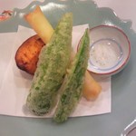 八百亀 - 2012・11夜、揚げ物(清姫しし唐、モロッコインゲン、安納芋)