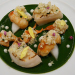 ラ・ヴァガボンド - ６-２）『阿寒湖産エクルヴィスと気仙沼の帆立貝』ベル・ヴュ仕立て　バジルのクーリ