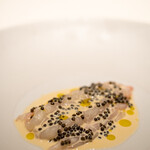 レストラン オオツ - 2021.9 サッと火を入れた駿河湾産テナガエビ キャヴィア 海老出汁クリームソース レモンオイル