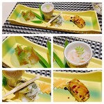上野 寿司 個室 天通 - 前菜5種　※右下のうなぎパイは本物の鰻使ってます。