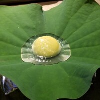 御料理 光安 - ①玉蜀黍の冷やし寄せ、井戸水のジュレ添え
                      蓮の葉の上に裏漉しの玉蜀黍を冷して豆腐の様に寄せており、夜空の満月みたい
                      小雨がバラついたものの、暑さは少しあり涼やかなお料理で暑気祓いとなりました