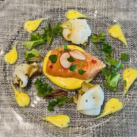 オールデイダイニング オアシスガーデン - マリネしたサーモンと赤鮑　マスタードのソースが美味しい