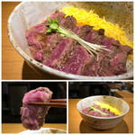 Washoku Takamoto - ＊お肉はレアで柔らかく美味しい。タレは少し甘め。 錦糸卵がキレイですし、お肉やご飯と共に頂くと丁度いい。