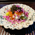京天神 野口 - ☆渡り蟹の土佐酢ゼリー
      ◎新イクラ、オシェトラキャビア、新銀杏、長芋、花穂紫蘇
