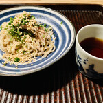 京天神 野口 - ☆薬味蕎麦　胡麻、茗荷、大葉、浅葱入り。蕎麦は自家製の手打ちの二八蕎麦。