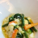 イル カフェ・モリタ - 前菜のボイル野菜の温泉卵添え