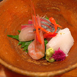 古長 - 懐石貴船　造り（甘エビ・シマアジ・剣先イカ）