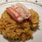 蒼 - ⑤毛蟹(北海道噴火湾産)の身と蟹味噌のリゾット、毛蟹の脚身載せ
      産卵期は晩秋～晩冬、旬は親蟹は旨みの強い晩秋～晩冬、若蟹は甘さが際立つ春～秋
      毛蟹を丸々3匹使い、蟹味噌もたっぷり