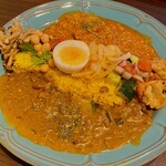 Kare Kaigi Shitsu - 南インドキーマ＆イエロー鯖（topping：カチュンバル，アチャール，キノコのビネガー炒め，ビーンズサラダ）