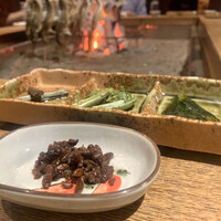 柳家 - 行者にんにく醤油づけ、こごみの胡麻和え、わらび、蜂の子