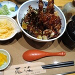天ぷら 兎波 - 味噌天丼（竹）玉子天ぷらトッピング