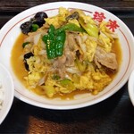 珍来 - 単品の「肉玉子炒め700円」と半ライス。