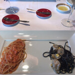 レストラン・ベニーニ - 相方のパスタと半分ずつ。ワタリガニのスパゲッティは外せない。右は牡蠣。これも美味しい。