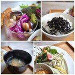 Gohan To Oyatsu Zakka No Mise Kurasu Koto - ◆冬瓜、葡萄、お豆、紫キャベツのマリネ・・サッパリした味わいで美味しい。 ◆ごぼうと油揚げのスパイス風味サラダ。ごぼうの食感もお味付けもよく好み。 ◆野菜スープは薄味。 ◆ご飯かパンを選べますので、ご飯を。ひじきのふりかけがけ。