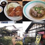 Sobadokoro Kobayashi - ロースかつセット。牛スジ煮込み。大きな建屋のお店です。