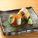 Five-colored yuba roll with Matsusaka beef yukhoe topped with salmon roe