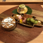 日本料理 永代 - カマス香煎揚げ、鴨ロースト、ボウゼの押し寿司、厚焼き卵