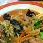 中華料理 鳳凰 - 色とりどりの野菜ときのこ(木耳)と豚肉。そうそう、わたしの大好きな木耳はきのこなんですねー。キクラゲ目キクラゲ科キクラゲ属のきのこなんだそうで。（笑）